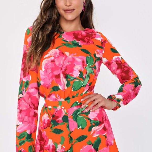 Lulus Sweetest Song Orange Floral Print Backless Long Sleeve Romper - Picture 5 of 7
